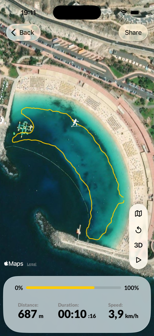 Surf Tracker iPhone map showing a recorded water route with distance, duration, and speed.
